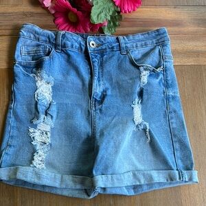 Blue Distressed Jean Shorts with Cuffed Hem